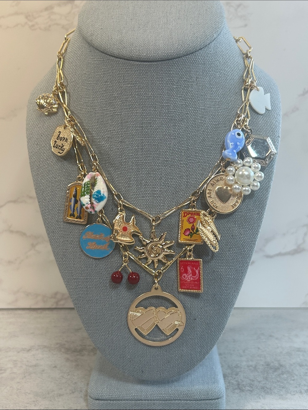 Serefina for Anthropologie Multi Charm Necklace with Colorful Enamel & Pea
